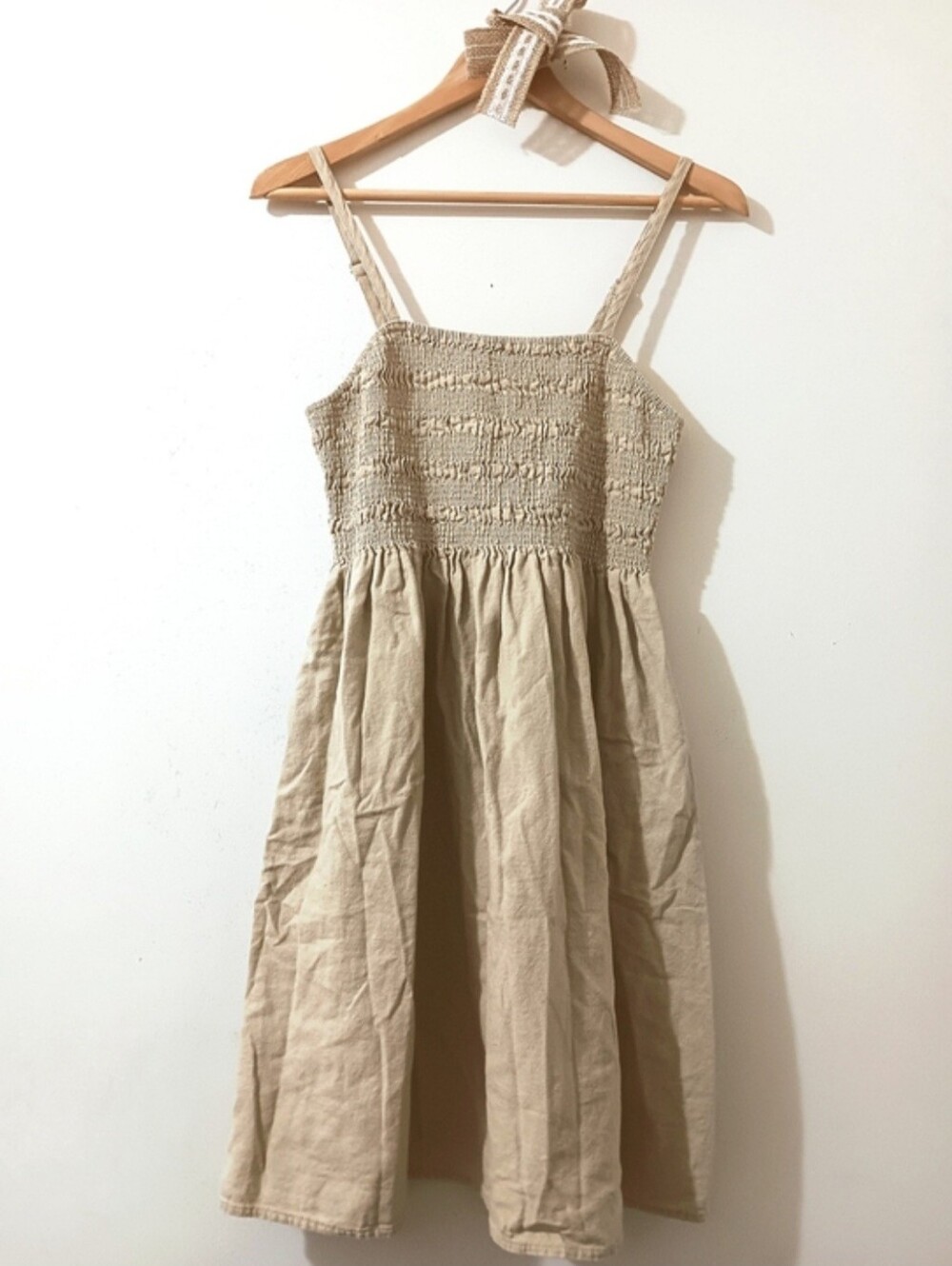 Universal Thread Natural Beige Smocked Linen Blend Boho Minimalist Mini Dress